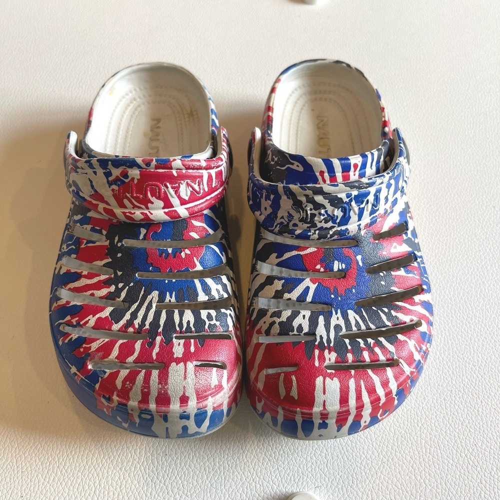 Nautica Kids Clogs Red White Blue Tie Dye Mismatched Sizes 12 and 13 Patriotic - Picture 2 of 5